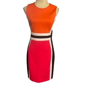 Calvin Klein Women’s Dress 4 Colorblock Sheath Pink Orange Black White Career